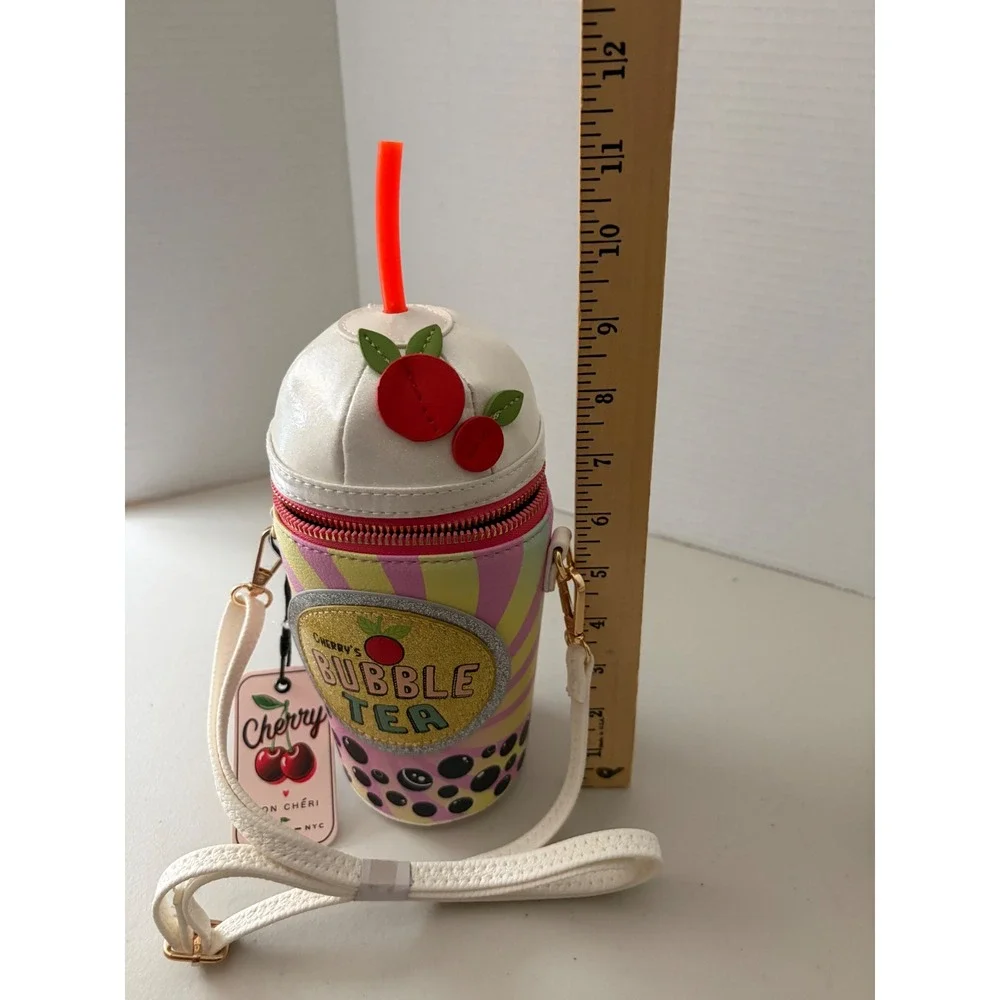 Mon Cheri NYC Cherry Bubble Tea Crossbody Bag Novelty Boba Cup Purse White Pink